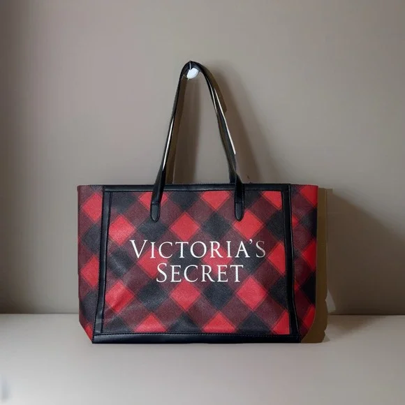 Victoria's Secret Open Top Weekender Holiday Black Red Plaid Women Tote Bag NWOT - Picture 1 of 12